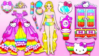 Học Làm Búp Bê Giấy - Rapunzel Trang Trí Váy Hello Kitty Cầu Vồng POP IT - Câu Chuyện Của Barbie