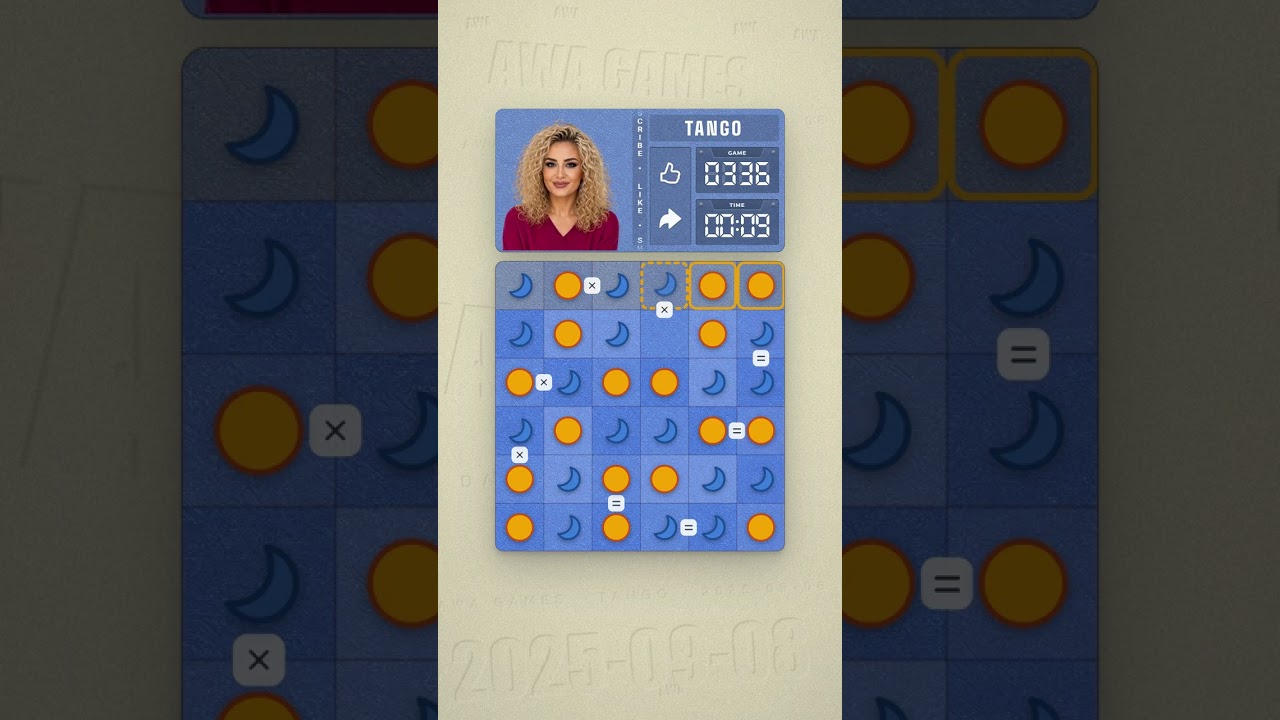 LinkedIn Tango #336 solved board for September 8, 2025, 6x6 grid