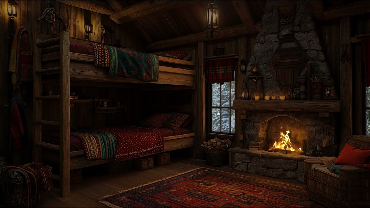 Winter cabin night with crackling fire, raging blizzard outside, and a cat sleeping peacefully warm!