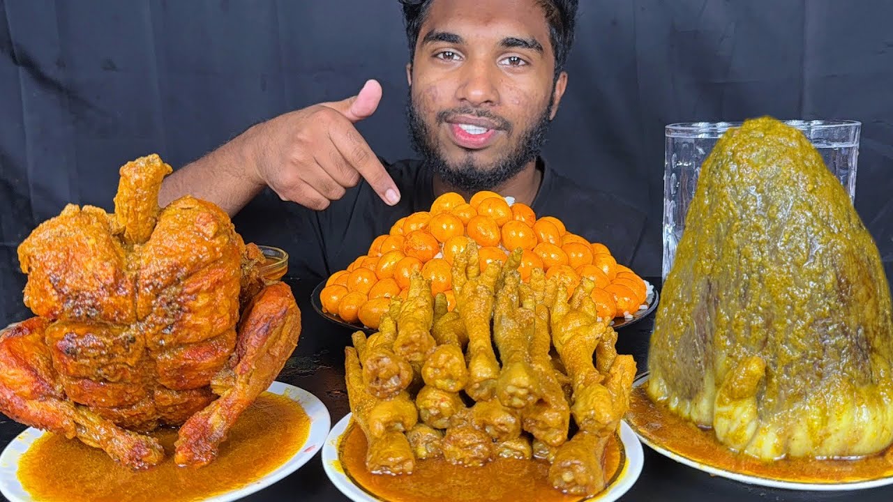 Whole chicken curry, chicken feet curry , Lots of egg curry and Big Heart curry with rice Mukbang 