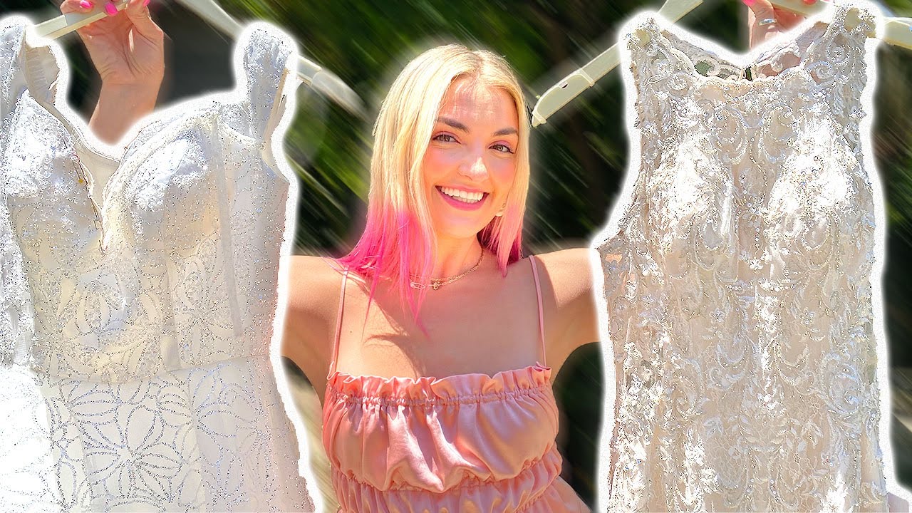 woman trying on wedding dresses