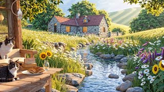 Peaceful Streamside Cottage Ambience β Relaxing Beautiful Music with Cats and Nature Sounds