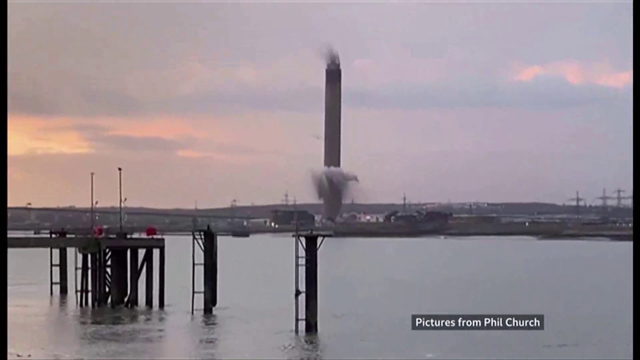 Littlebrook Power Station chimney comes down (UK) - ITV & BBC London News - 15th December 2019