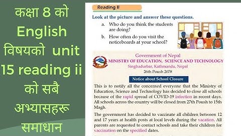 class 8 english subject unit 15/ reading ii /grammar ii/writing ii all exercises solution