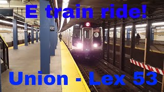 MTA NYC Subway: On board World Trade Center bound R160A (E) train from Union Tpke to Lex Av - 53 St