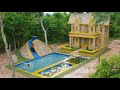100 days of work build stone house  water park slide and swimming pool with fish farms construction