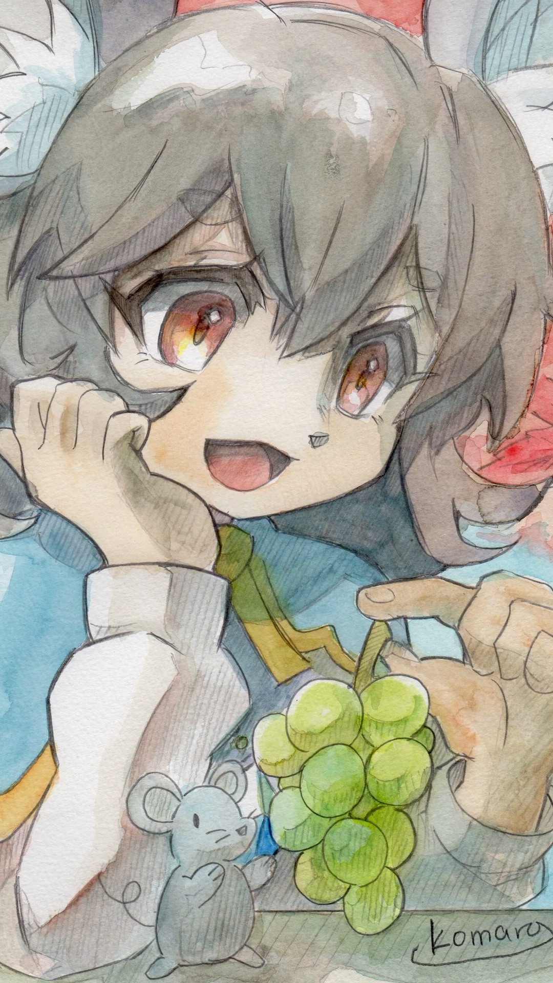 直筆色紙 東方 ナズーリン HAPPYCLOVER 水彩で暑さ一服 東方 秋の味覚とナズーリン #描いてみた #東方