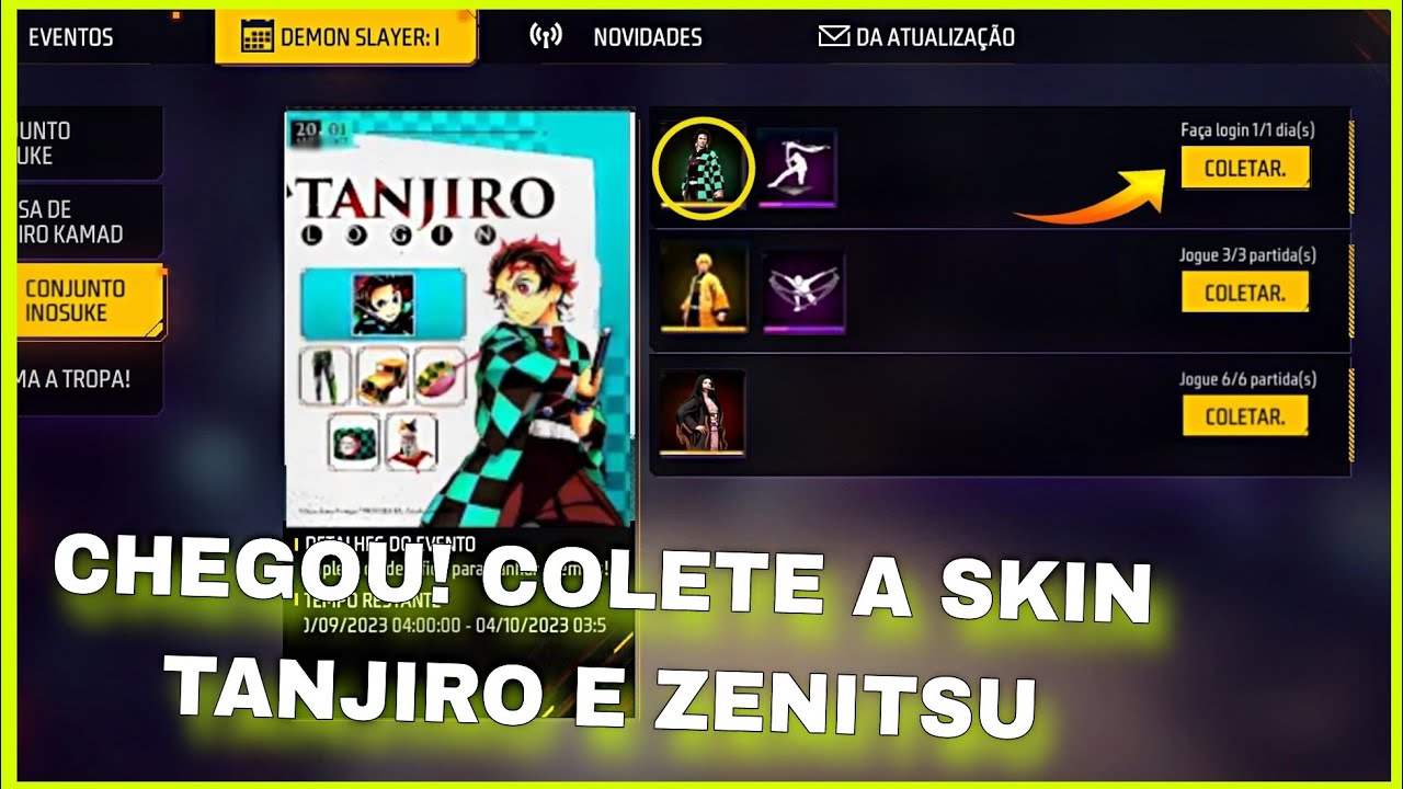 PEGANDO ZENITSU! NOVO ESCOLHA ROYALE FREE FIRE │ NOVO EVENTO FREE FIRE,  NOVA SKIN DEMON SLAYER 