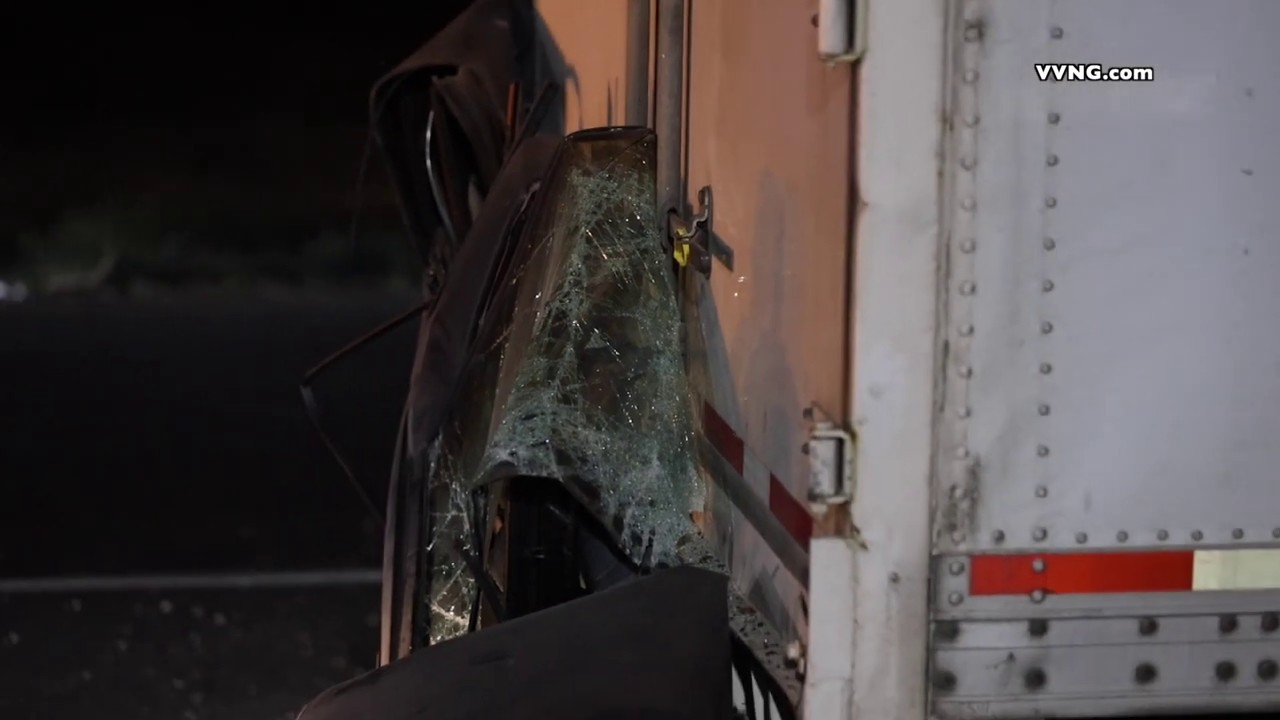 Car slams into parked semi on I-15 in Victorville, driver killed - YouTube