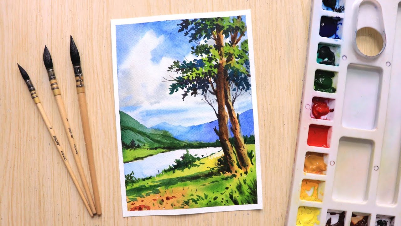Watercolor painting for beginners mountain landscape and trees step by ...