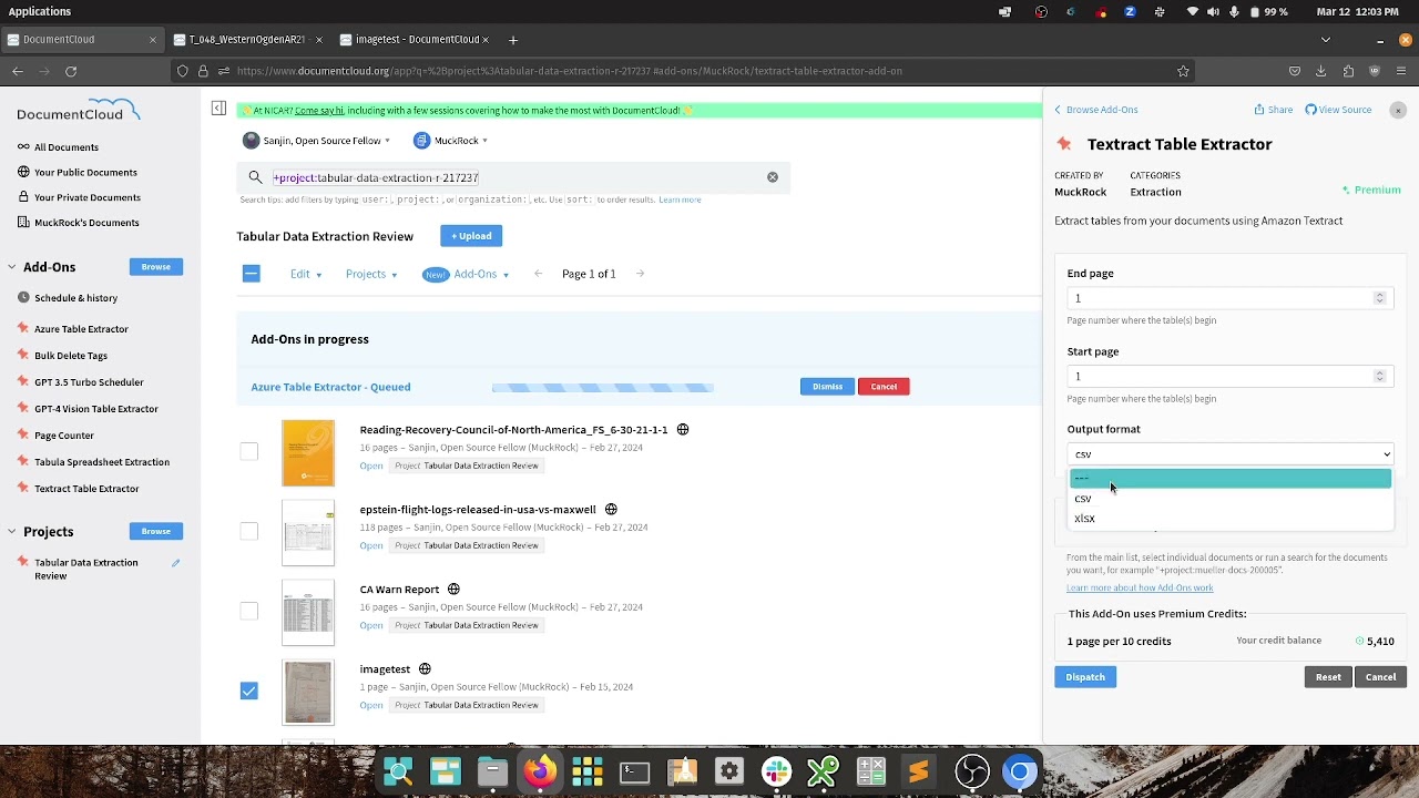 Extract tables from PDFs on DocumentCloud using Add-Ons