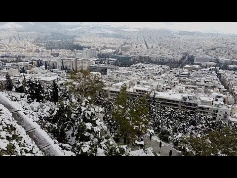 Drone footage captures the rare sight of snow in Athens