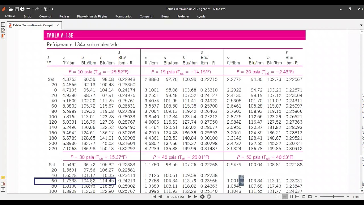 Tablas Termodinamicas vapor sobrecalentado R134a 30Psia YouTube