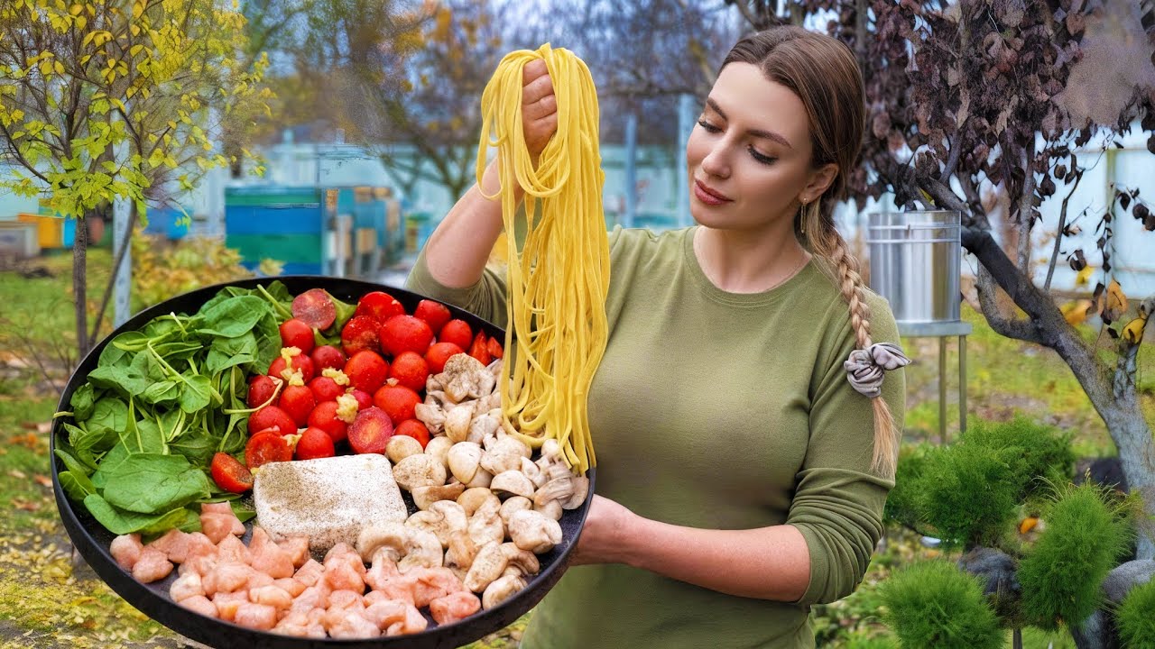 Cooking Homemade Creamy Feta Pasta on Open Fire | Village Cooking ASMR