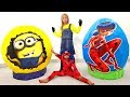 Kids play with toys in Giant Surprise eggs Ladybug & Minions