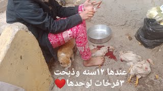 ذبح وتنظيف الفروج اختي ال ١٢سنه ذبحت? ٣فرخات لوحدها❤️?