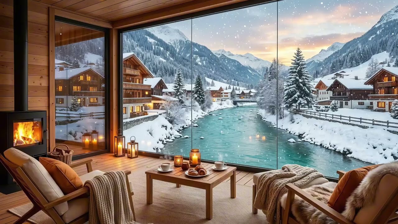 Cozy Winter Cabin Ambience 4K ❄️ Fireplace Sounds & Snowy Mountain River for Relaxing, Study & Sleep