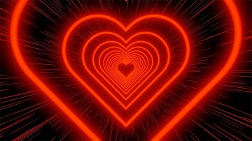 Neon tunnel of red hearts on a black striped background. Video Loop