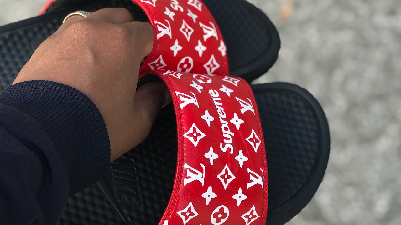 Custom Champion X Supreme X Louis Vuitton Slides (Red) — Q's Custom Sneakers