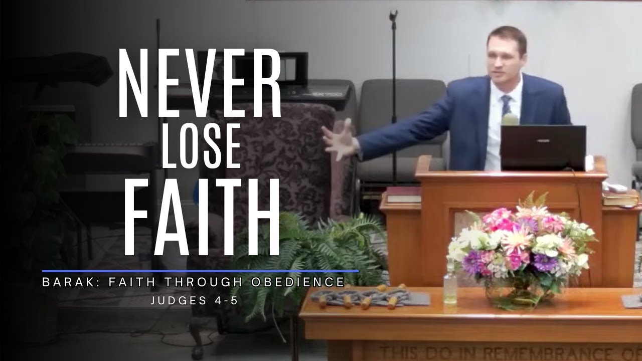Pastor Chris Buscher preaching from Judges 4–5 about Barak, Deborah, courageous faith, and obedience to God.