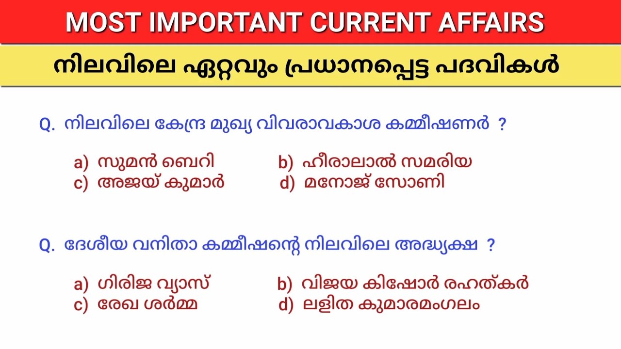 നിലവിലെ ഏറ്റവും പ്രധാനപ്പെട്ട പദവികൾ | CURRENT AFFAIRS 2025 MALAYALAM | KERALA PSC |