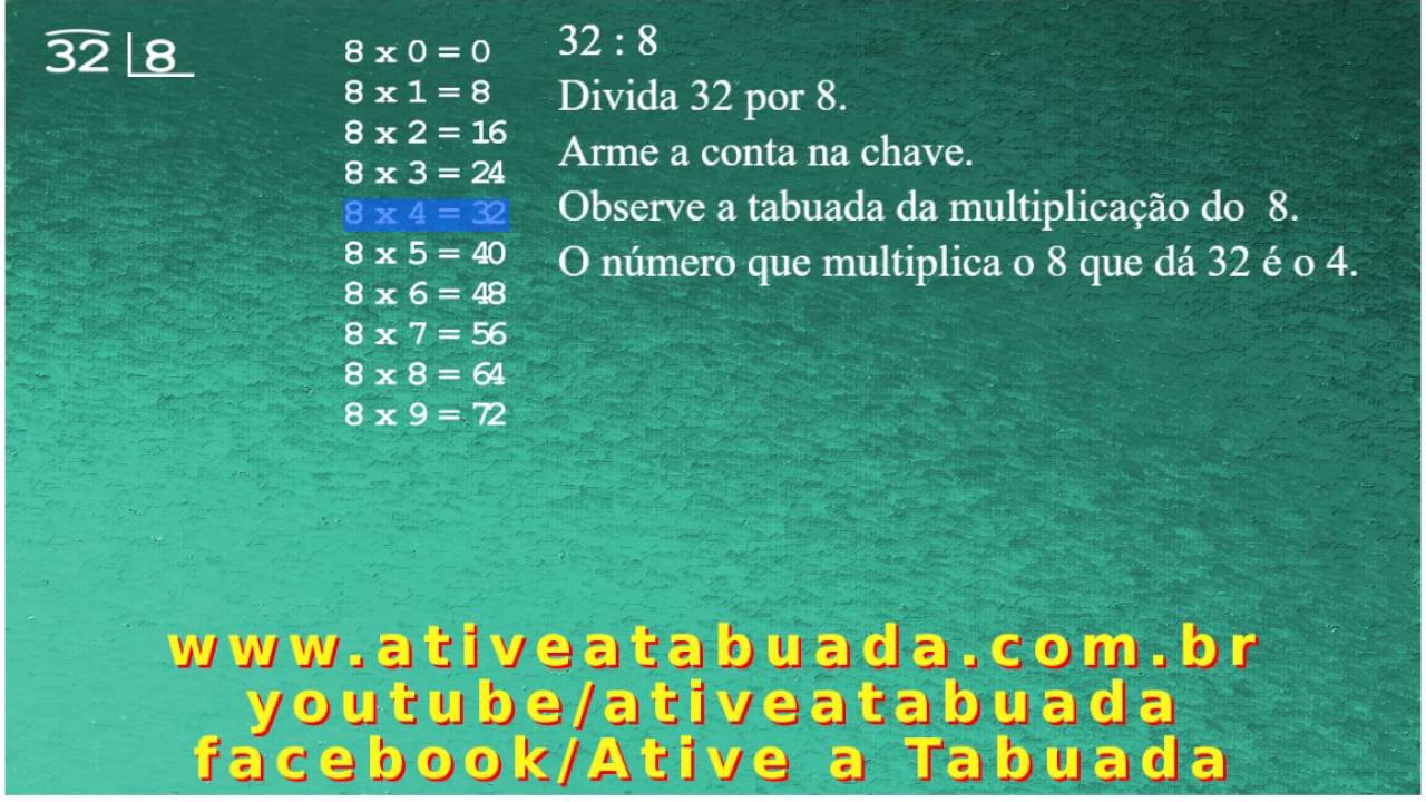 Conta Armada da Divisão do 32 por 8 (oito) com Tabuada da Multiplicação ...