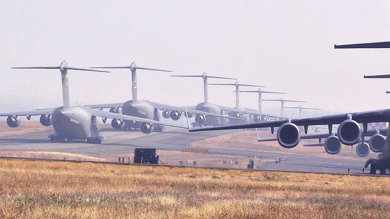 Military Aircraft Mass Takeoff From McChord Air Force Base