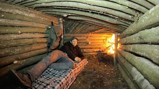 Building a WARM and COZY Survival Dugout with Oven | Underground Log Cabin. Bushcraft Overnight Stay