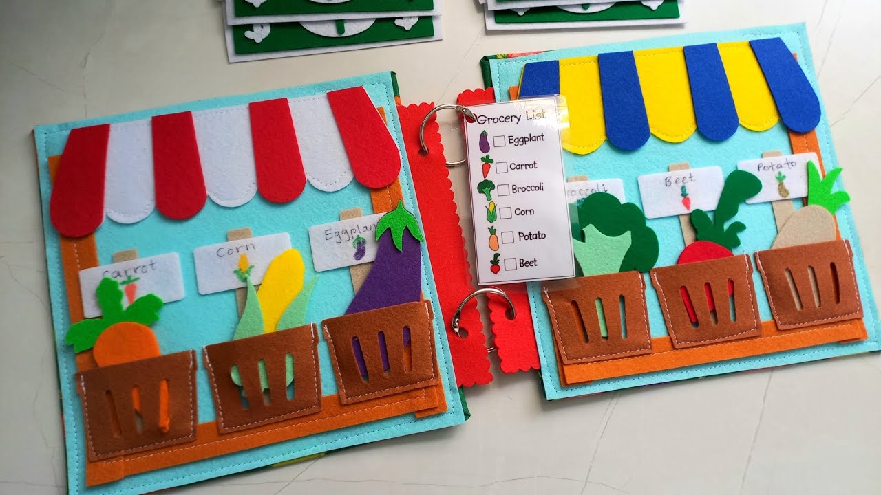 Прилавок с свежими овощами на рынке, список покупок и деньги. Как сделать развивающую книжку из ф...