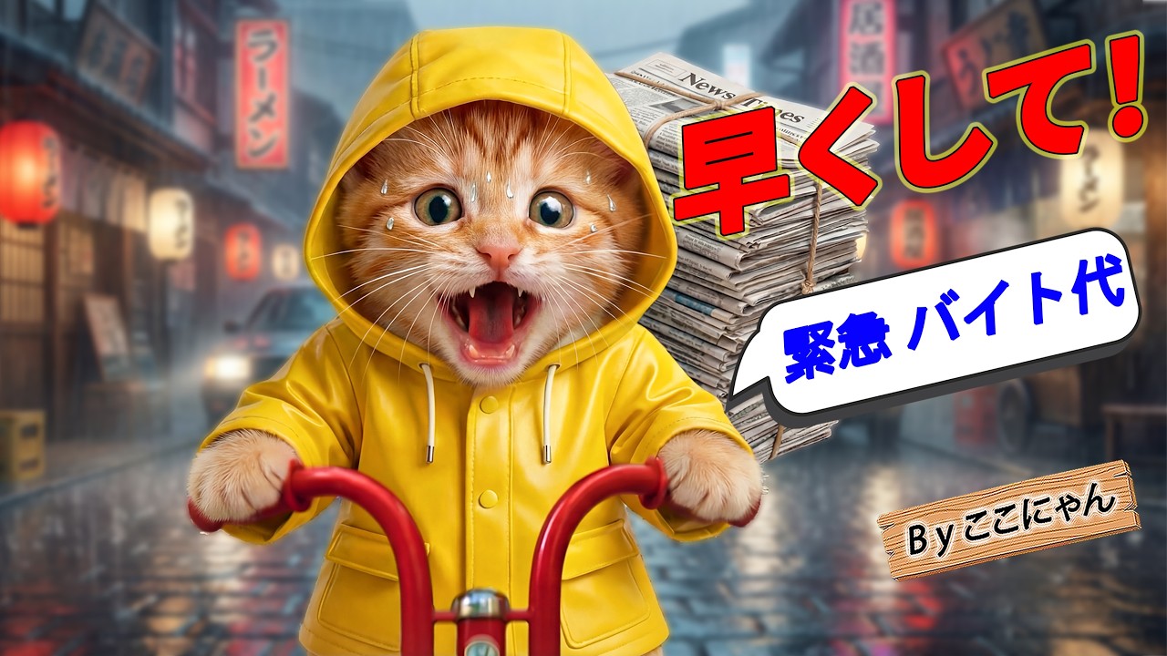 【雨で極寒】暖房が止まったここにゃん、所持金ゼロで新聞配達バイトへ…夜は温かい麺に救われた日🐱☔📰