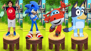 Tag with Ryan vs Sonic Dash vs Bluey Show Run vs Super Wings Jett Run - All Characters Unlocked