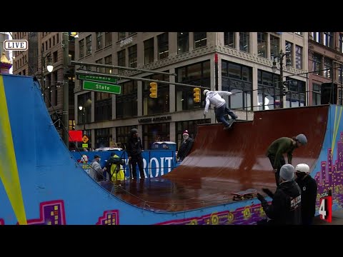 Skateboarders ride half pipe in America's Thanksgiving Parade