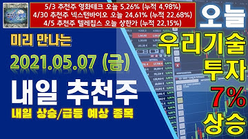 오늘 우리기술투자 7%, 미리 만나는 내일 상승 주식 종목 추천(21년 5월 7일) 삼양사,덴티움,코이즈,피에이치에이,박셀바이오,아이에이,드림시큐리티,화성산업,셀트리온 헬스케어