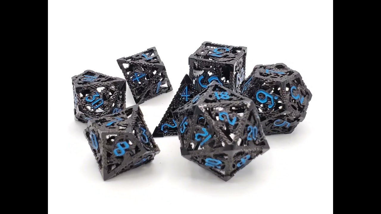 Old School 7 Piece DnD RPG Metal Dice Set: Hollow Dragon Dice - Black w/ Light Blue