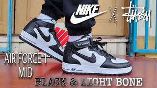 Nike Air Force 1 Mid x Stüssy Black and Light Bone Unboxing and On Feet Review