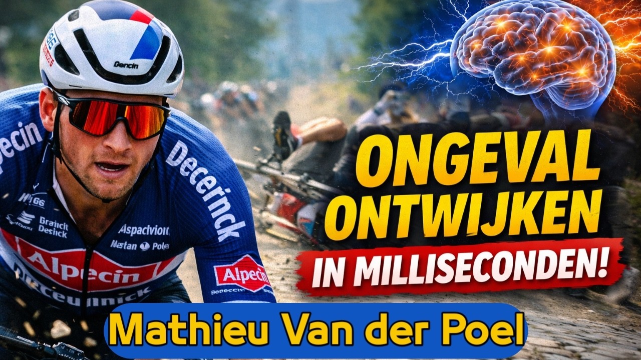 Mathieu Van der Poel ontwijkt crash op Omloop Het Nieuwsblad met milliseconde-reactie.