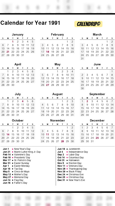 Calendar 1991 #monthsoftheyear