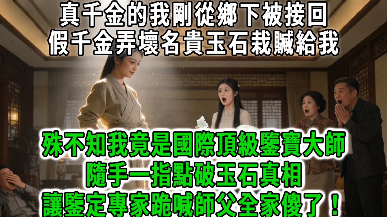 真千金的我剛從鄉下被接回，假千金故意弄壞名貴玉石栽贓給我，全家逼我下跪道歉否則趕出家門，殊不知我竟是國際頂級鑒寶大師，隨手一指點破玉石真相，還讓鑒定專家跪喊師父全家傻了！#荷上清風 #爽文