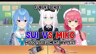 Miko and Suisei take an elementary school test with Fubuki as their teacher.