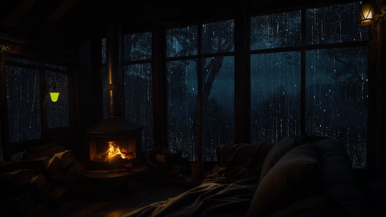 Cozy Cabin Rain Sounds with Fireplace at Night | Deep Relaxing Ambience ...