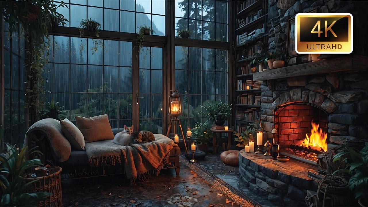 Rainforest Thunderstorm with Crackling Fireplace - Sleep, 4K Ultra HD🔥 Window Rain - Relaxed Cats