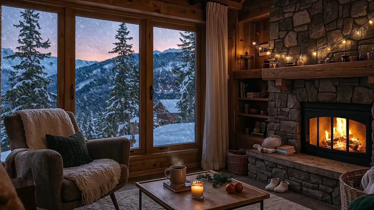 Cozy Winter Cabin Fireplace Ambience ❄️🔥 | Soft Piano Music, Snowfall & Warm Fire | Relax & Unwind
