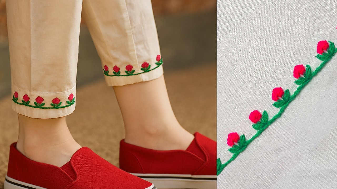 Beautiful Embroidery Border Design on Shalwar Pouncha | Easy Hand Embroidery for Beginners