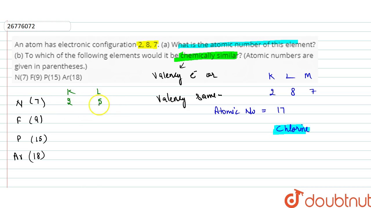 An Atom Has Electronic Configuration 2 8 7 A What Is The Atomic Number Of This Element B Youtube