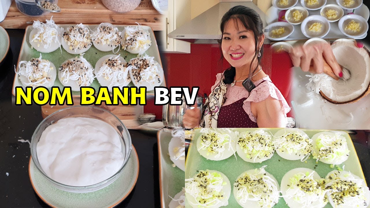 របៀបធ្វើនំបាញ់បែវ How To Make Healthy Nom Banh Bev, Rice flower Cake With Coconut Dipping Sauce