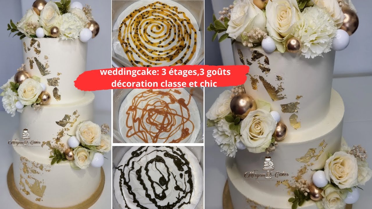 weddingcake avec 3 goûts différents en toute simplicité/décoration classe et chic