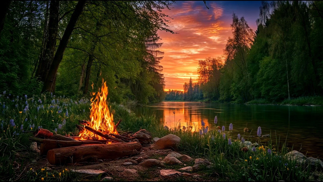 Hypnotic Campfire by Calm River at Sunset 🔥 Nature Sounds for Sleep ...