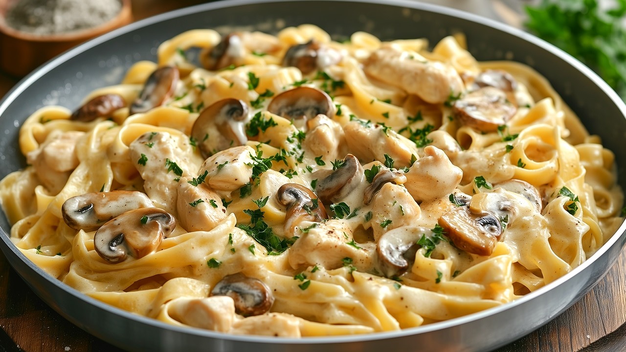 Рецепт куриного фетучини Альфредо с грибами – сливочный, насыщенный и очень простой!