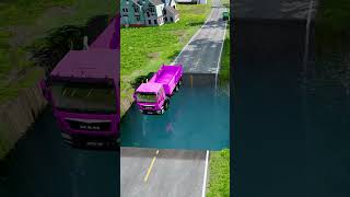 Dump truck crossing huge water pit #11 | #carsvswaterpit #doubleflatbedtrailertruckvsspeedbumps