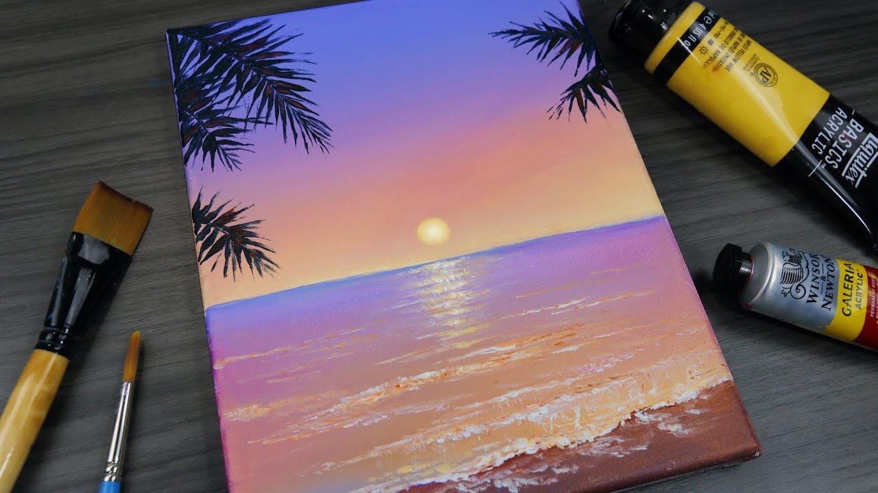 How to Paint a Sunset Beach STEP by STEP - YouTube